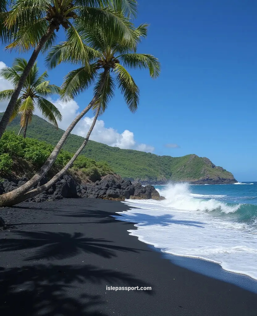 Black-sand beach with palm trees and waves on Guadeloupe coastline.