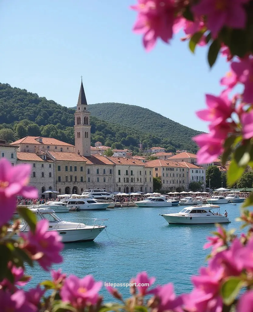 Harbor in Hvar framed by pink flowers, boats, and historic buildings.