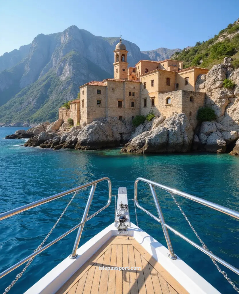 Boat approaching historic stone village built on cliffs in Mani Peninsula.