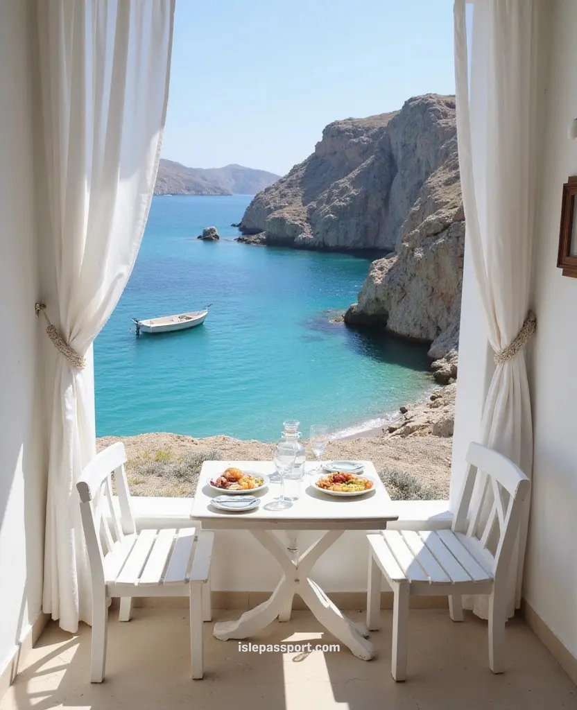 White Cycladic balcony with breakfast overlooking turquoise cove in Milos.