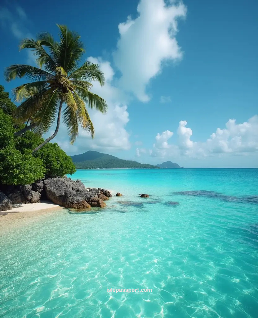 Tropical beach with palm trees and clear turquoise water in St. Vincent.