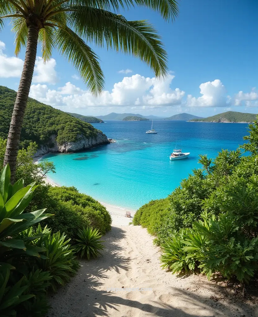 Secluded white-sand beach with turquoise water and palm trees in USVI.