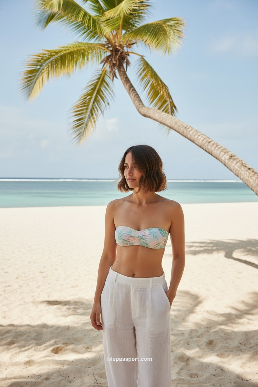 woman standing casually under a tall leaning palm tree on a pristine white-sand beach with turquoise water stretching to the horizon
