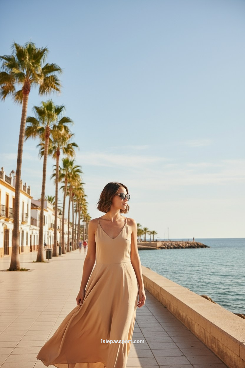 woman standing on a sunlit promenade in Almería, Spain, lined with palm trees and old white houses.