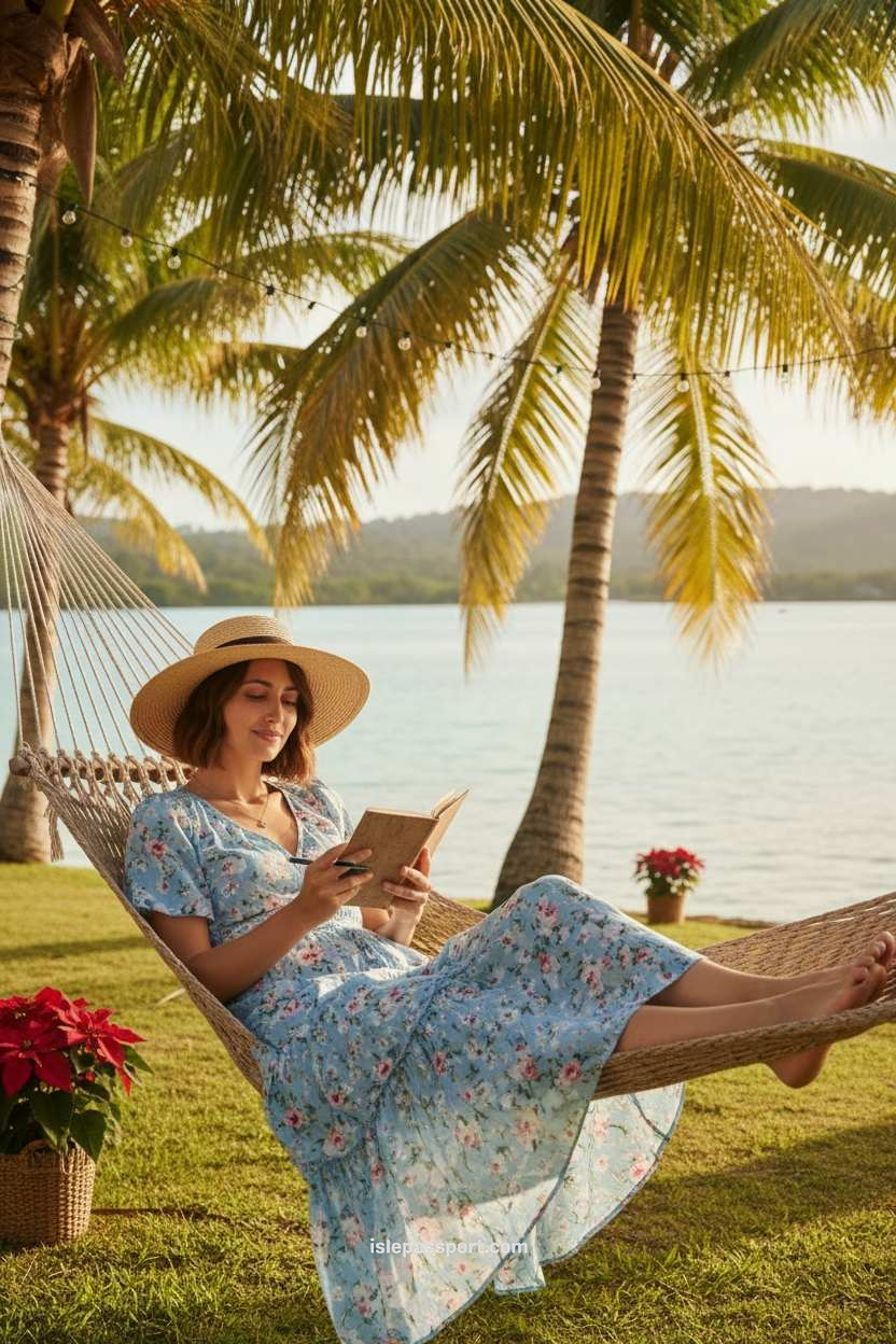 woman relaxing on a hammock under palm trees in December sunshine, tropical beach background