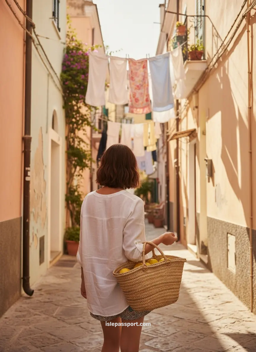 traveler carrying lemons through a narrow coastal Italian alleyway