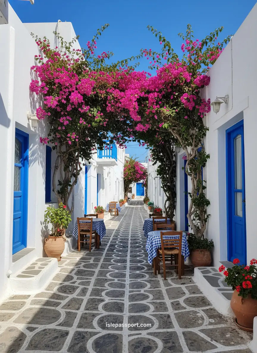 Whitewashed Greek street with blue doors and bougainvillea on island hopping destinations