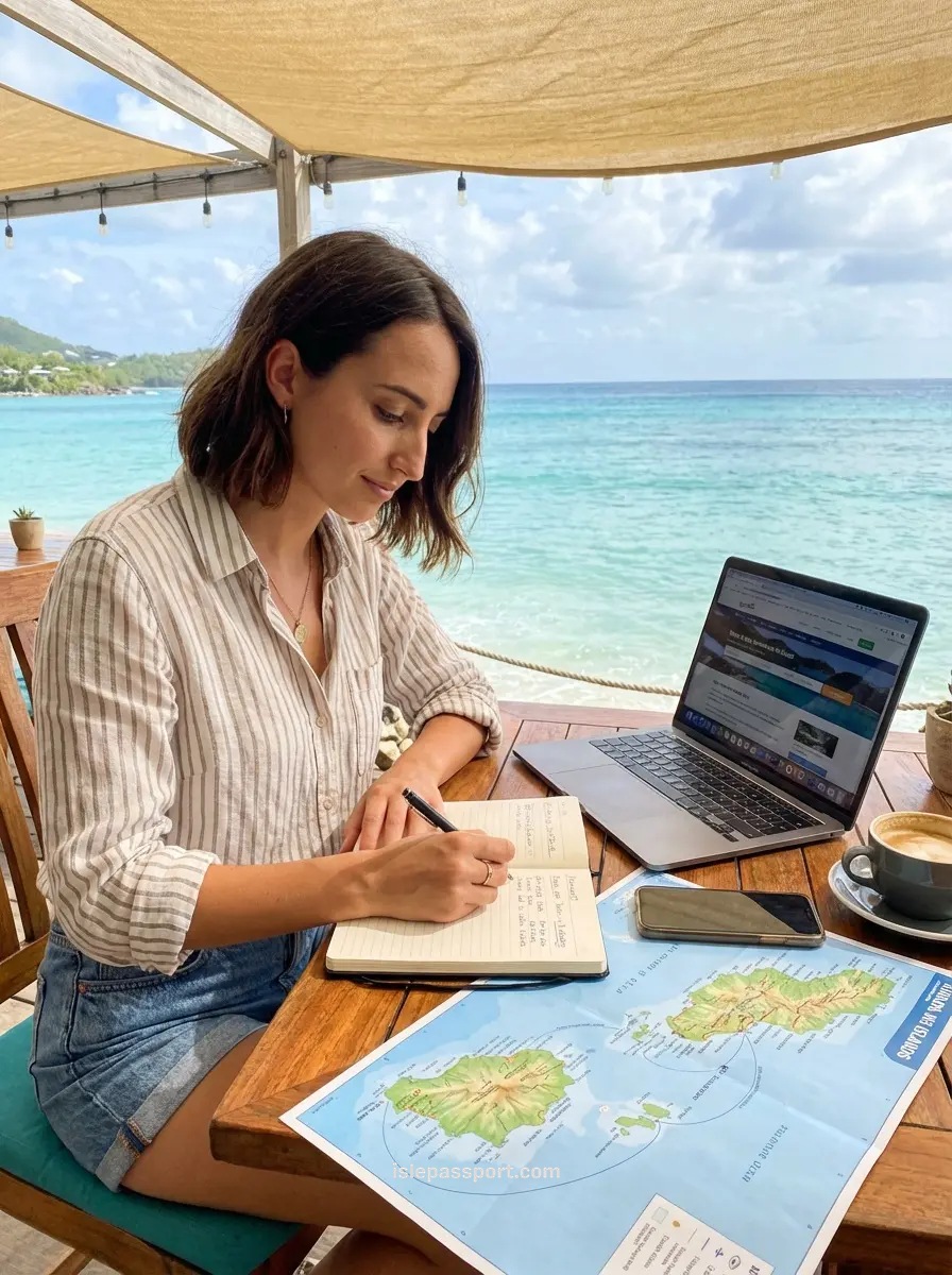 woman creating custom island travel planning with maps and ferry notes by the coast
