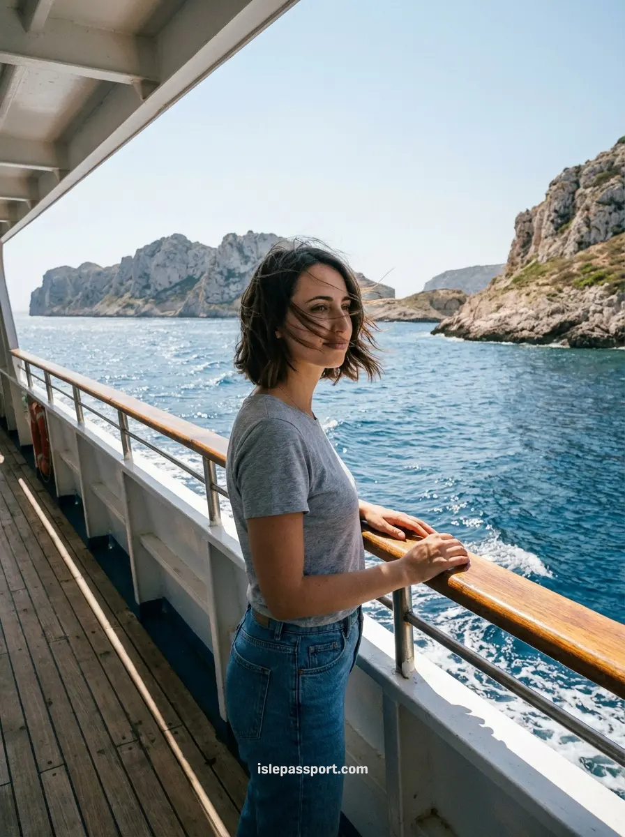 Woman on a ferry while planning an island-hopping trip in Greece
