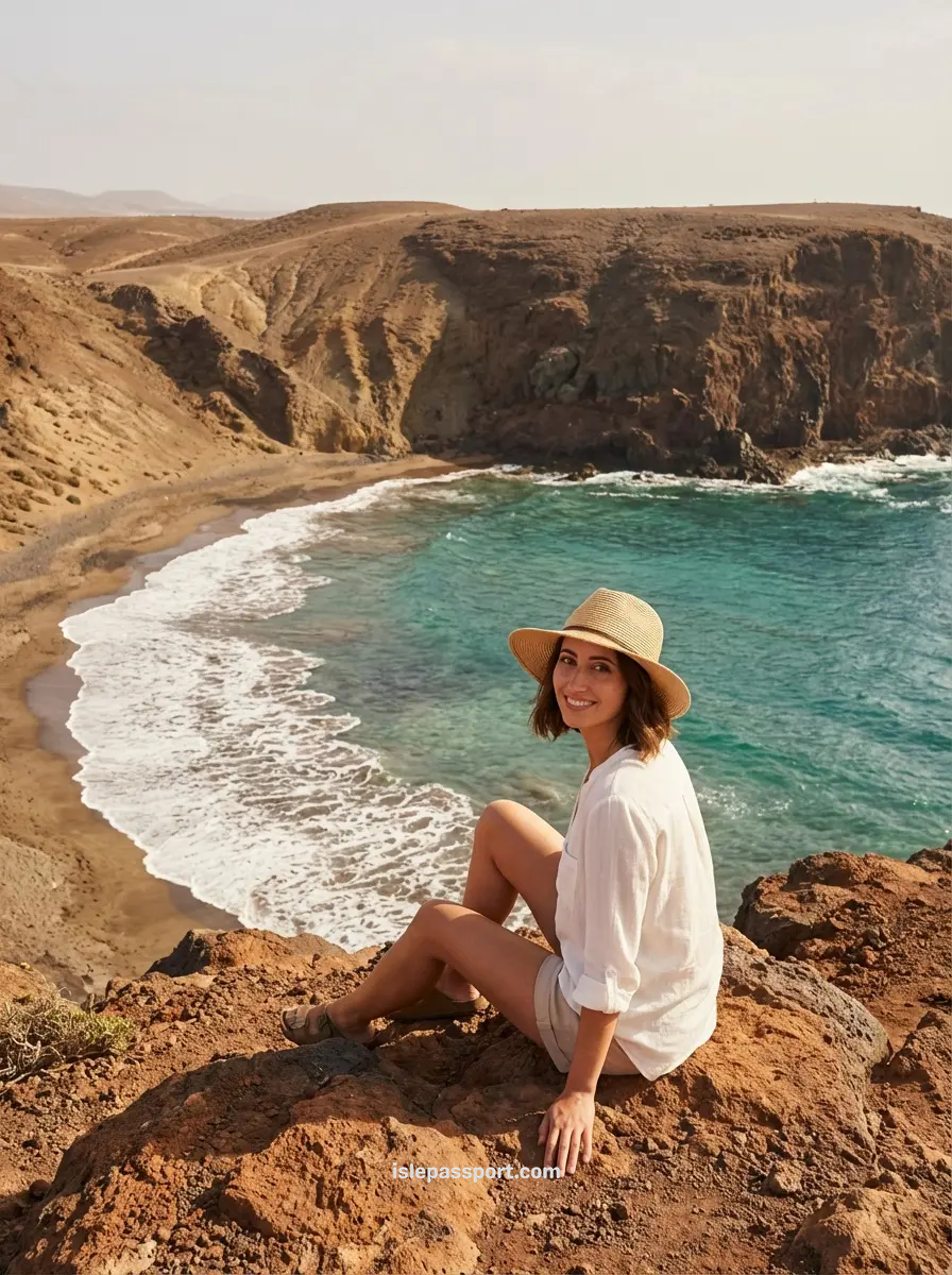 Lanzarote dramatic volcanic coastline in winter with turquoise Atlantic Ocean and rust-colored cliffs in Canary Islands