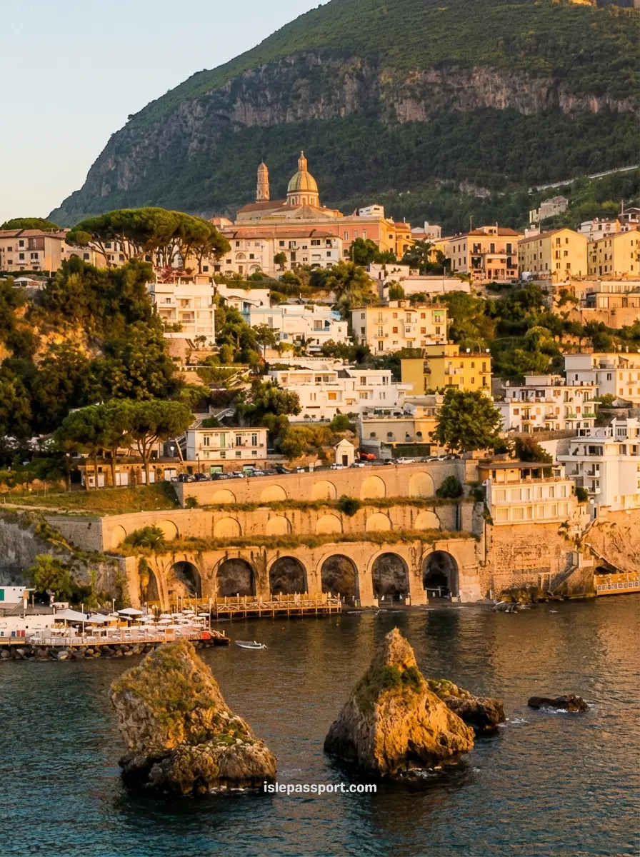 Vietri sul Mare hillside town at sunset with stone arches and sea rock stacks, Amalfi Coast