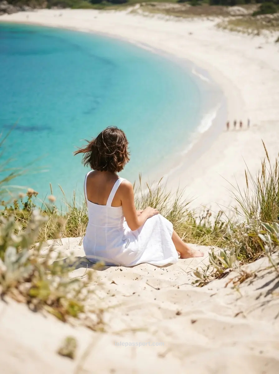 A woman in a white dress sitting on white sand dunes looking out at the crystal clear turquoise water of the Cíes Islands in Galicia.