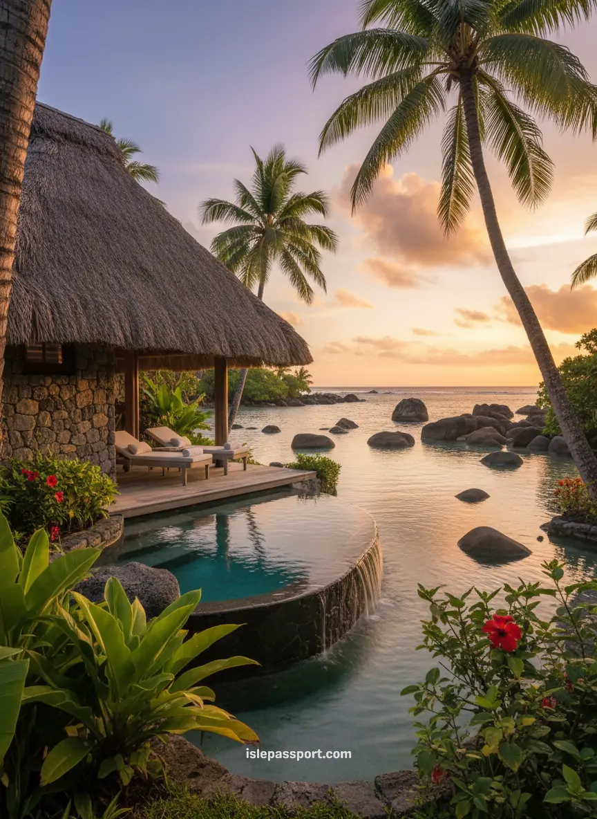 Beachfront bure and plunge pool in Fiji at sunset getaway