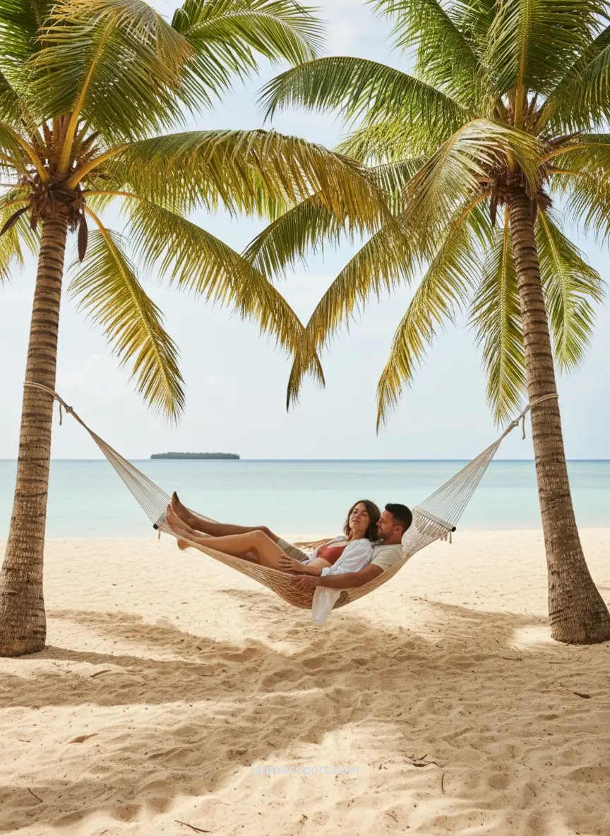 Couple relaxing together in a white hammock between two palm trees on a pristine beach in Aitutaki, Cook Islands, with turquoise lagoon and blue sky in the background.