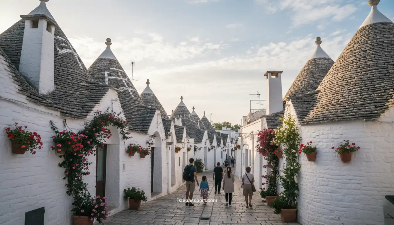 Traditional trulli houses in Alberobello with conical stone roofs