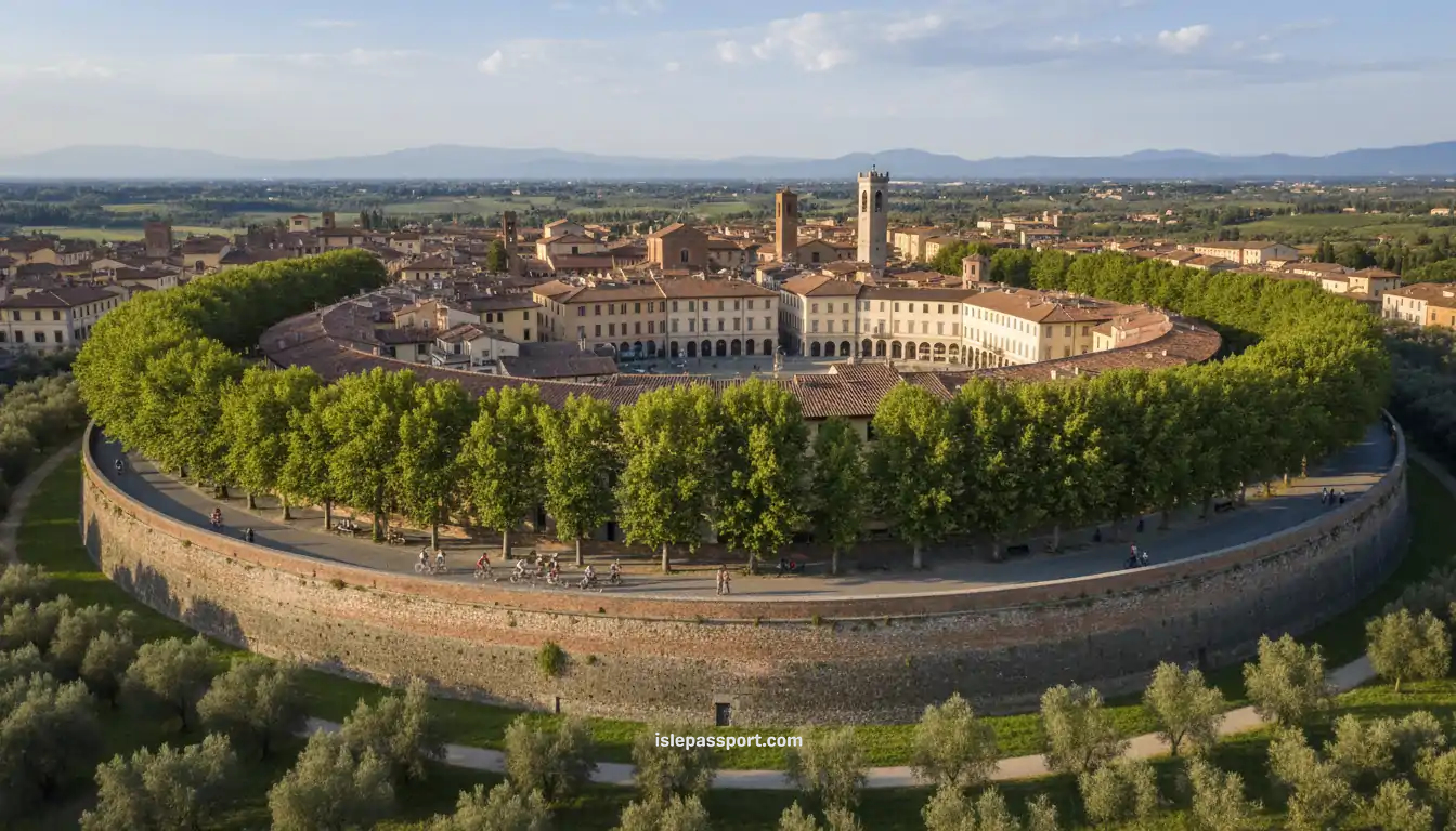 Lucca’s historic city walls with people walking and cycling on top