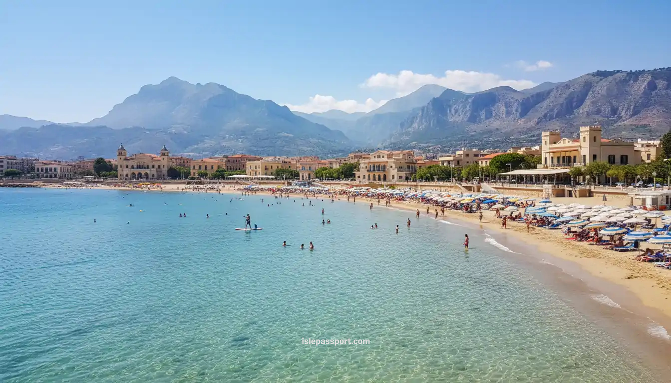 Mondello Beach near Palermo with turquoise sea and a sandy shore