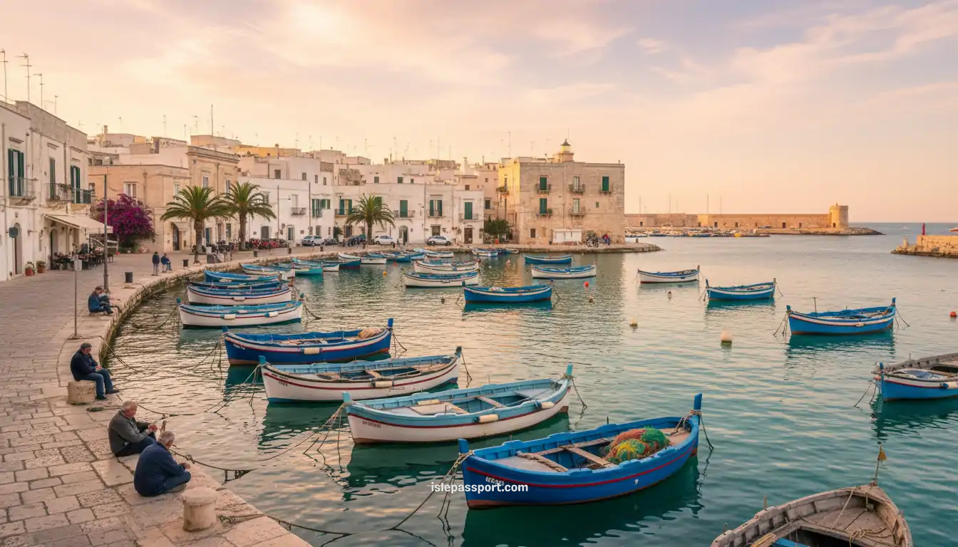 Harbor in Monopoli with boats and white coastal buildings