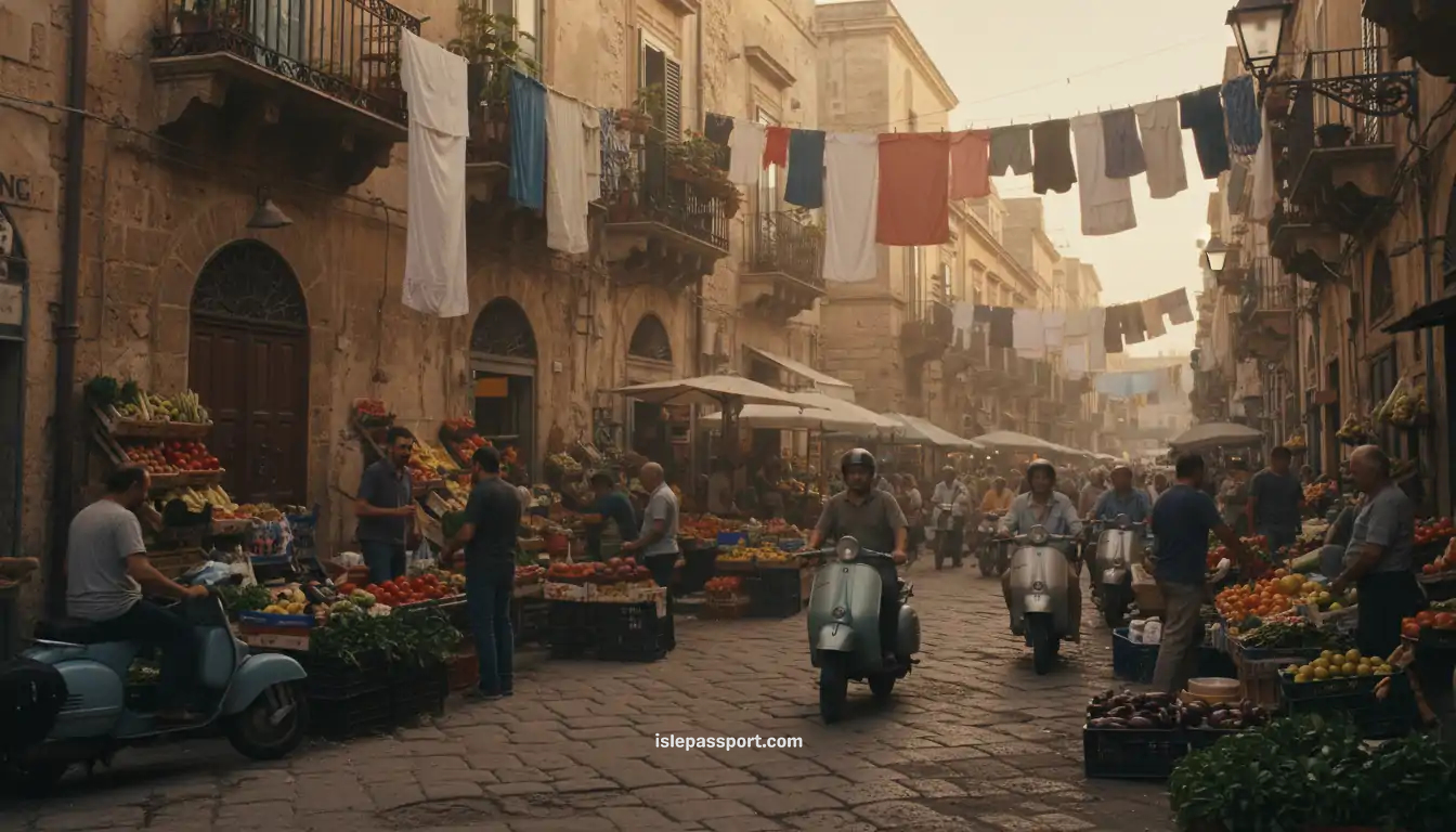 Lively Palermo street with historic buildings, scooters, and market stalls
