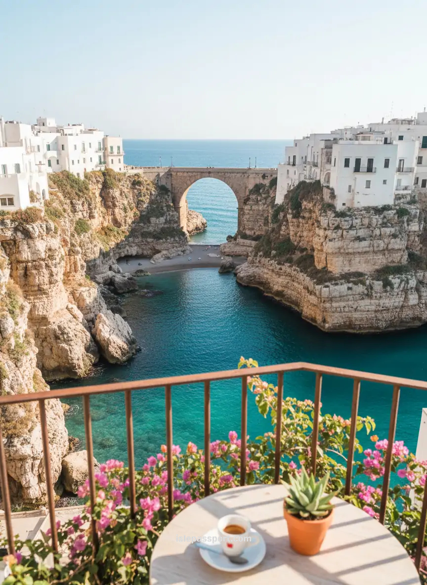 Cliffside beach and whitewashed buildings in Polignano a Mare – best budget coastal town Italy