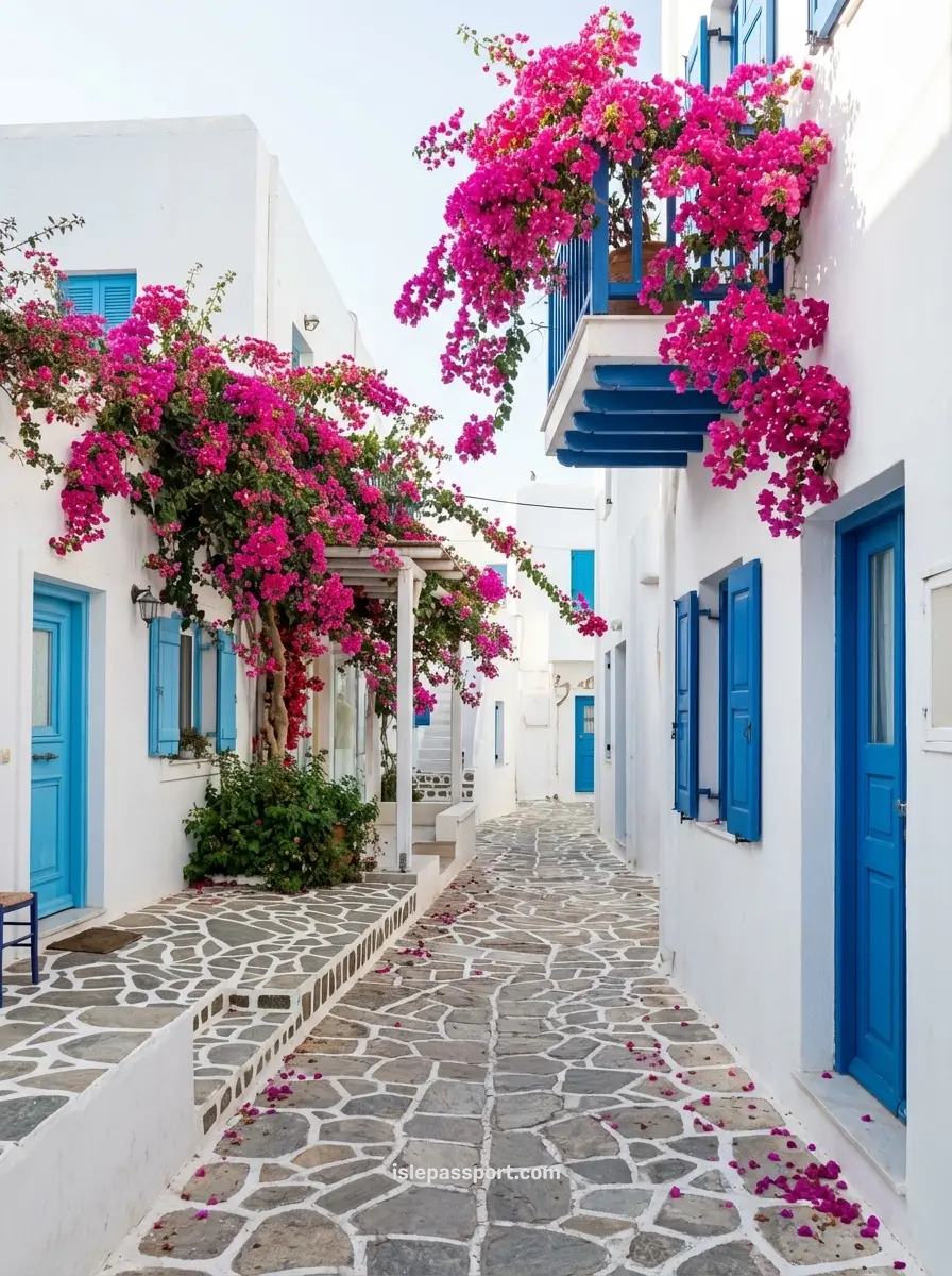 White village alley with bougainvillea in Antiparos Cyclades