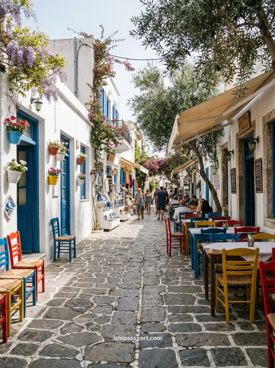 Colorful street with tavernas in Kos Old Town