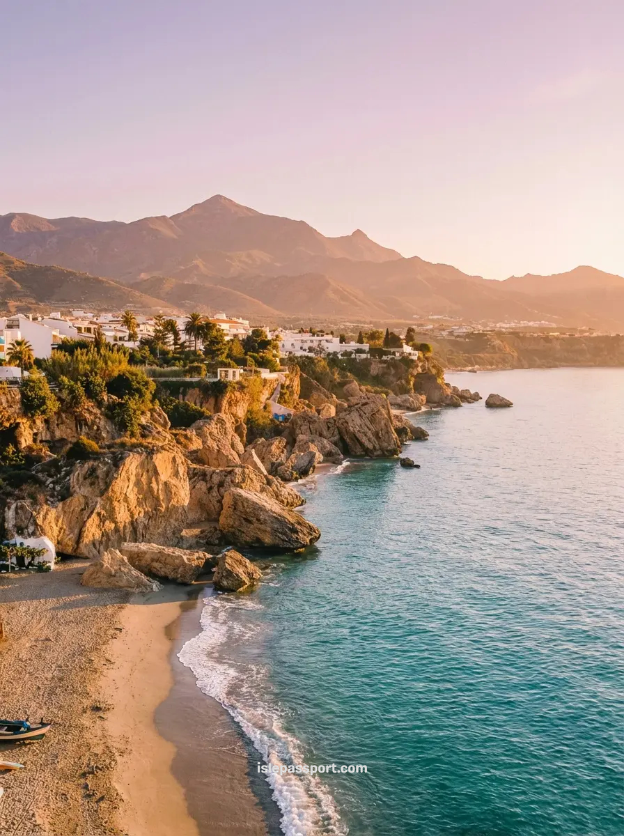 Golden hour coastline in Nerja, a scenic stretch of the Costa del Sol near Málaga