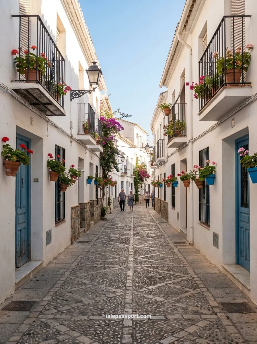 Whitewashed street in Nerja Old Town, one of the most scenic coastal towns near Málaga