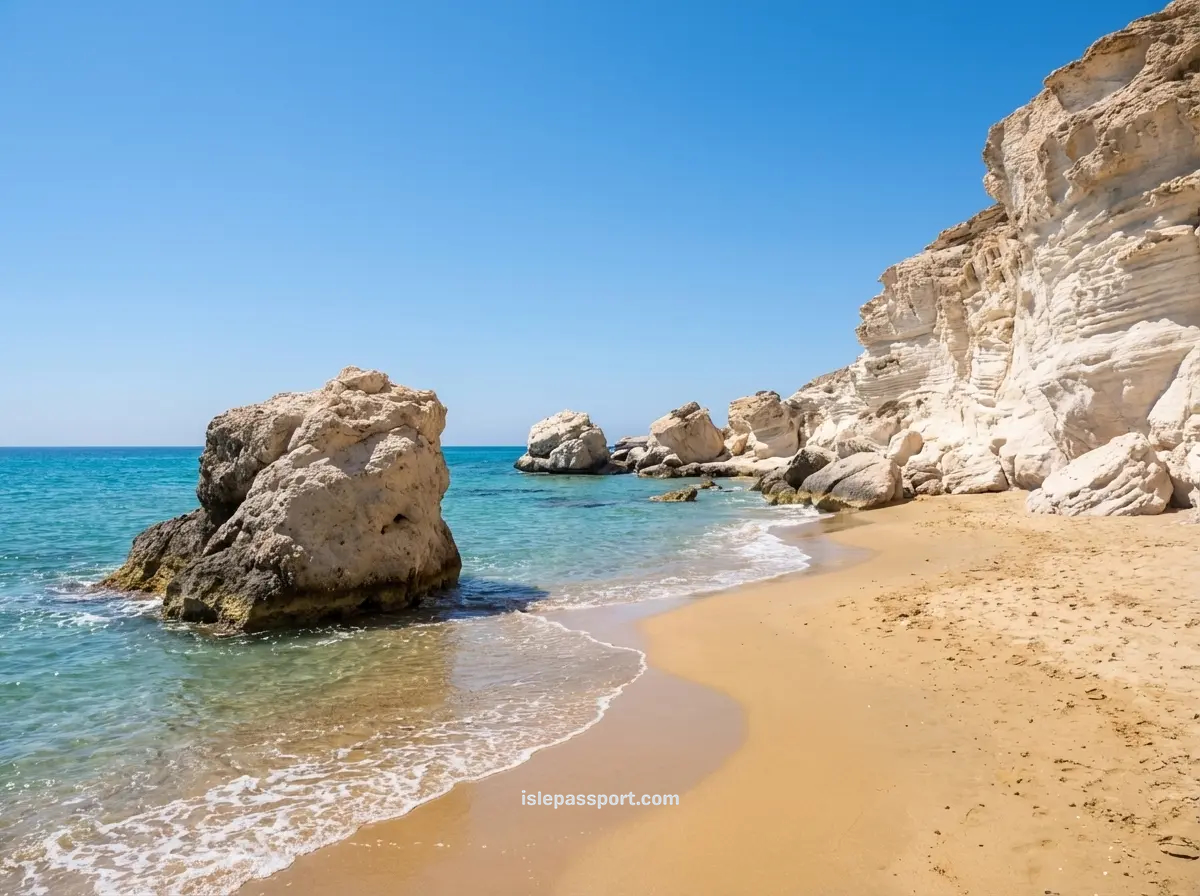 Secluded cove of Cala de Enmedio, featuring sculpted white limestone cliffs and clear turquoise water, accessed via a coastal trail from Agua Amarga, Almería, southern Spain.