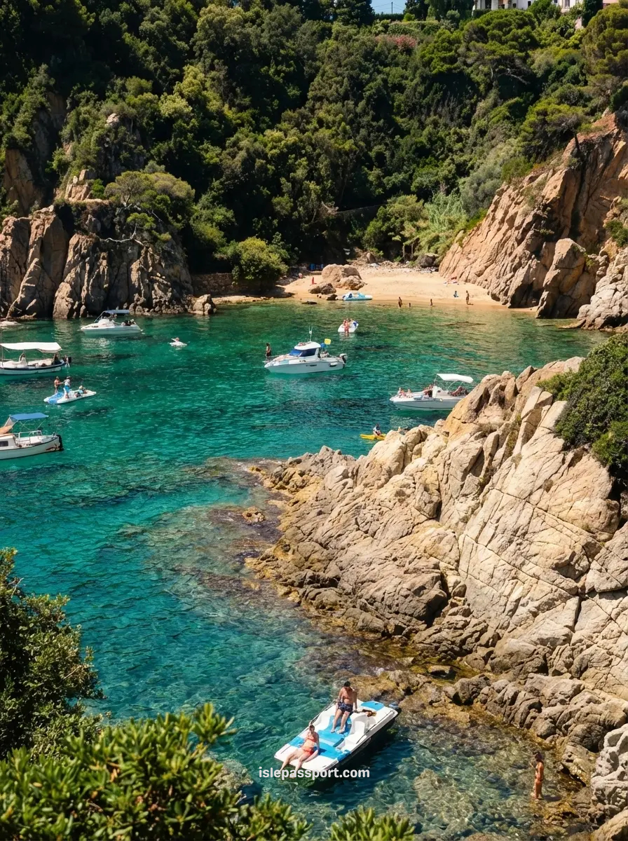 High-angle view of Cala Sant Francesc in Blanes, featuring crystal-clear turquoise water, small boats, and people on pedal boats.