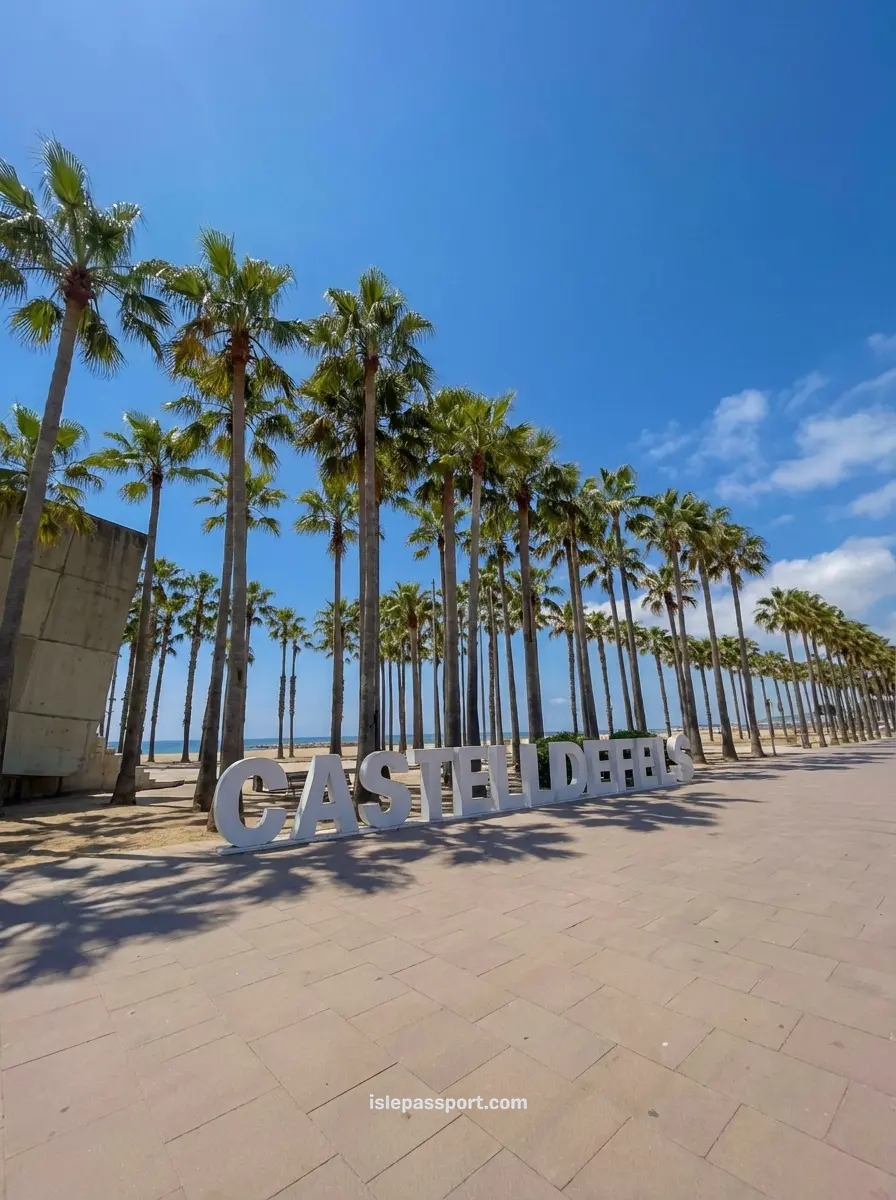 Large white block letters spelling "CASTELLDEFELS" on a wide sunlit promenade lined with tall palm trees near the beach.