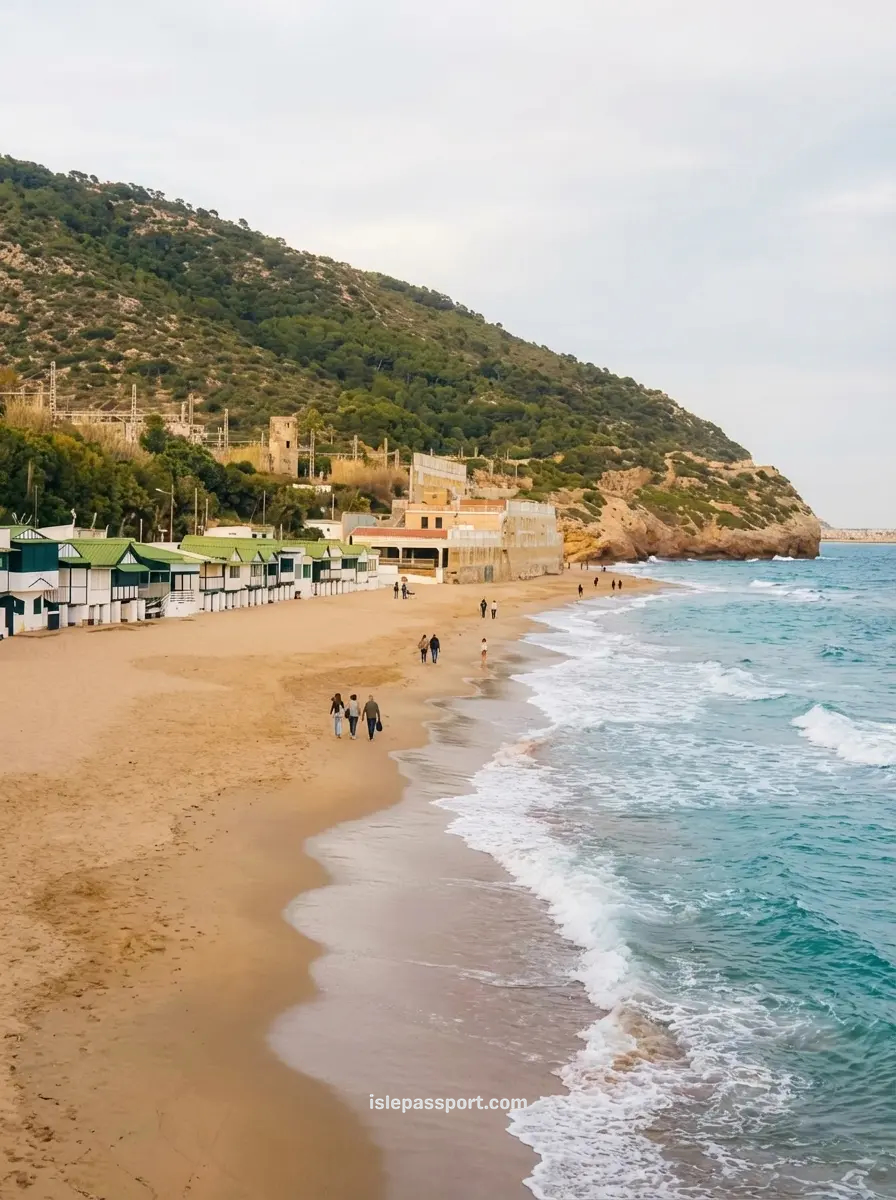 An aerial view of Garraf Beach, a small sandy cove defined by a long row of identical, tiny white beach huts with green roofs, situated at the base of a large, scrub-covered hill, with people walking along the shoreline.