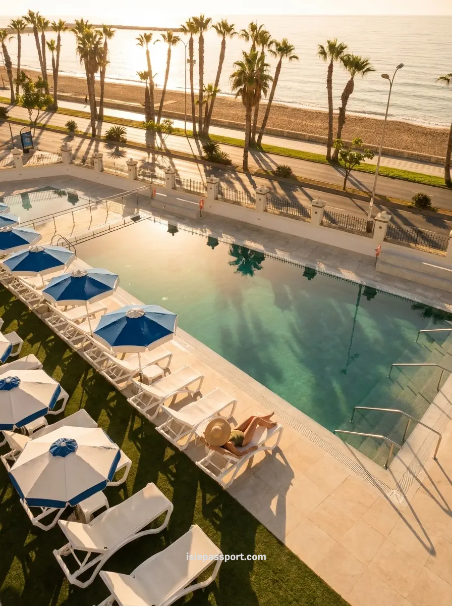 Aerial view of Gran Hotel Miramar GL pool with sun loungers overlooking La Malagueta beach and Mediterranean Sea in Málaga