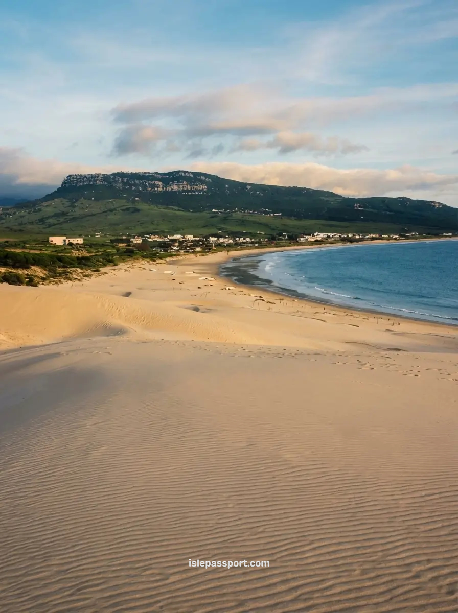 Landscape photograph of Playa de Bolonia in Cádiz, taken from the top of the massive Bolonia sand dune, looking out at the sweeping curve of the Atlantic beach and the mountains beyond.