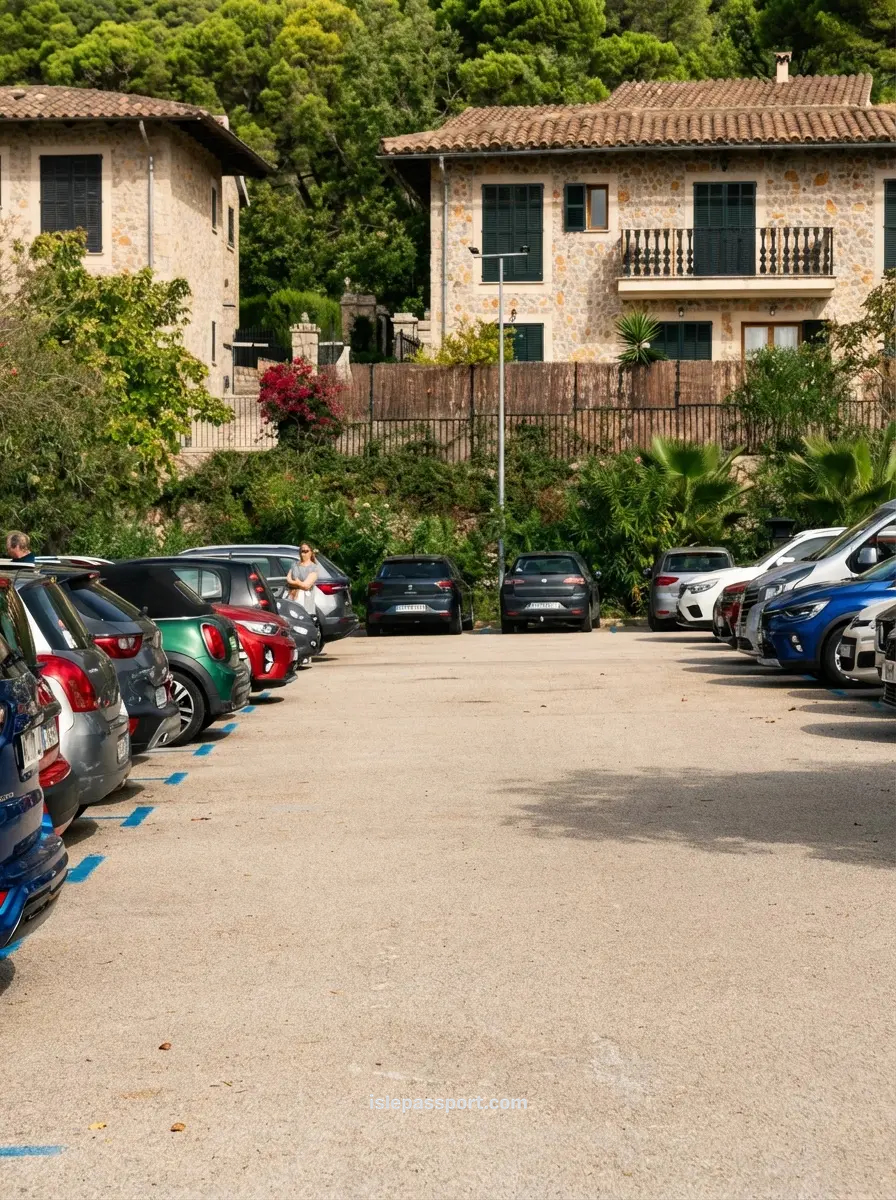 A crowded public parking lot in Valldemossa, Mallorca, filled with tourists and rental cars on a sunny day.