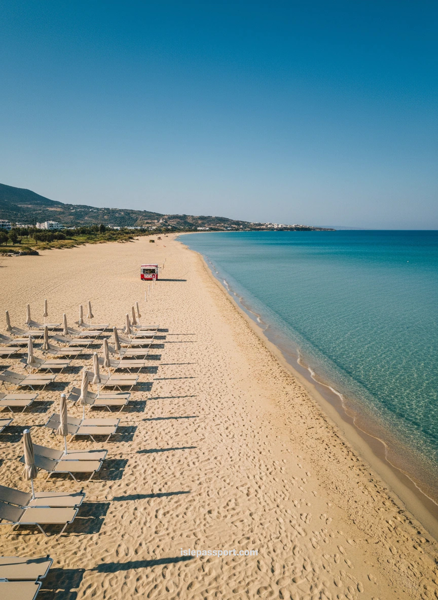 Long empty sandy beach at Rethymno stretching westward toward Petres with turquoise water and rows of closed sunbeds