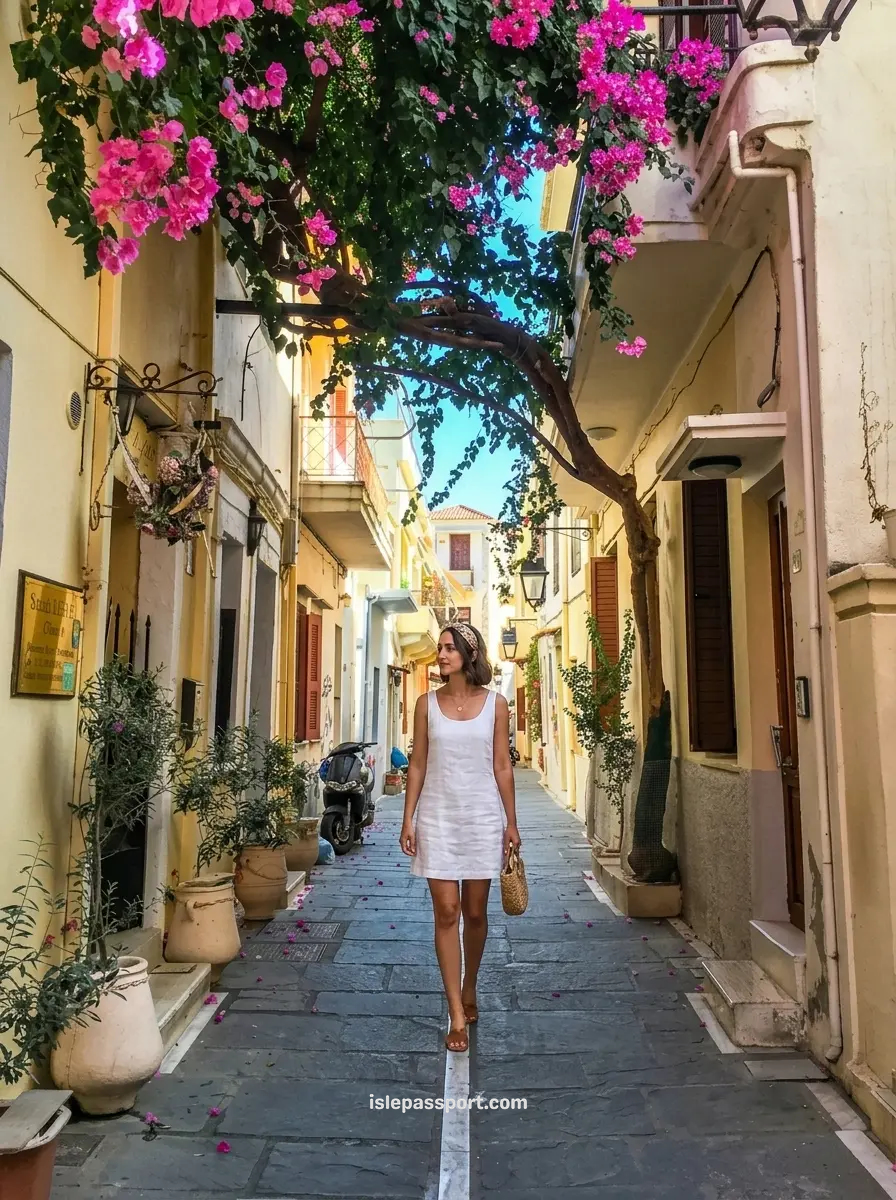 Woman in a white dress walking down a narrow stone street with yellow historic buildings and pink bougainvillea in Rethymno Old Town, Crete, a top recommended area for where to stay in Crete for beaches.